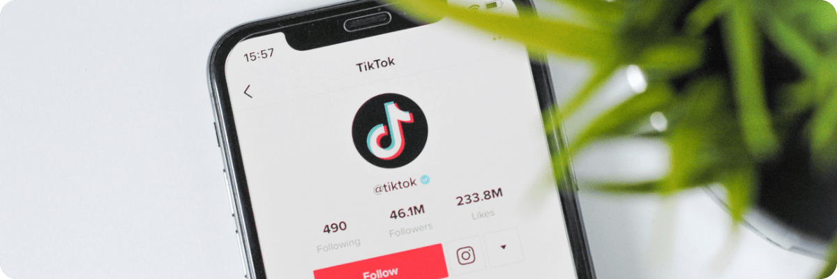 A close-up of a smartphone showing the TikTok profile page, highlighting follower count and the app interface.