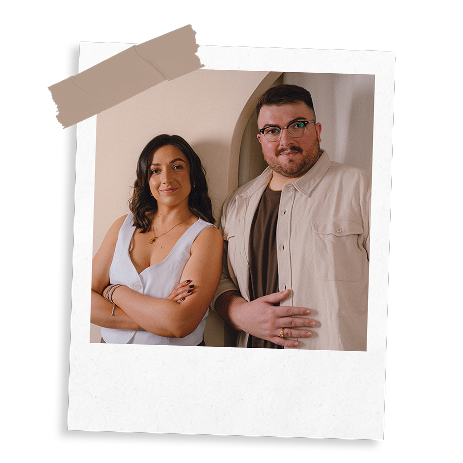 The Business Tea co-founders Sarah and Ross Powell, stood in a studio environment.