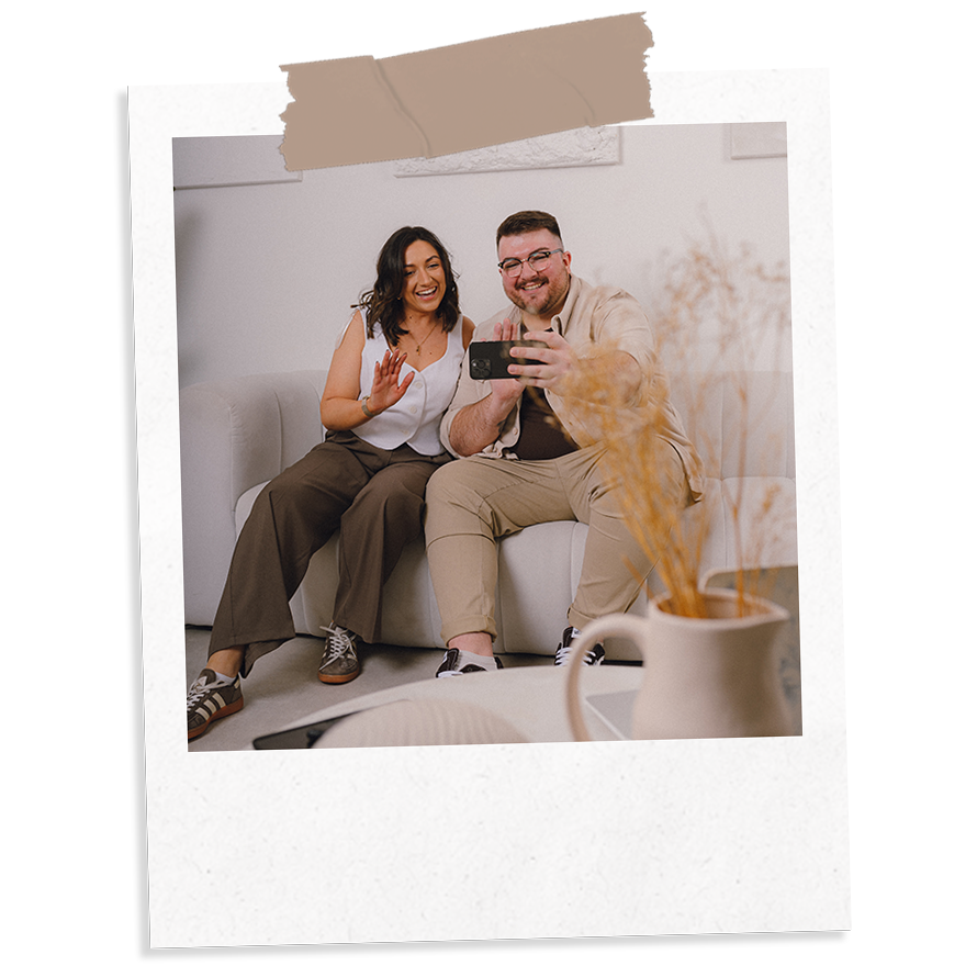 The Business Tea Co-Founders, and sibling duo, Sarah and Ross Powell talking to a client on video call.